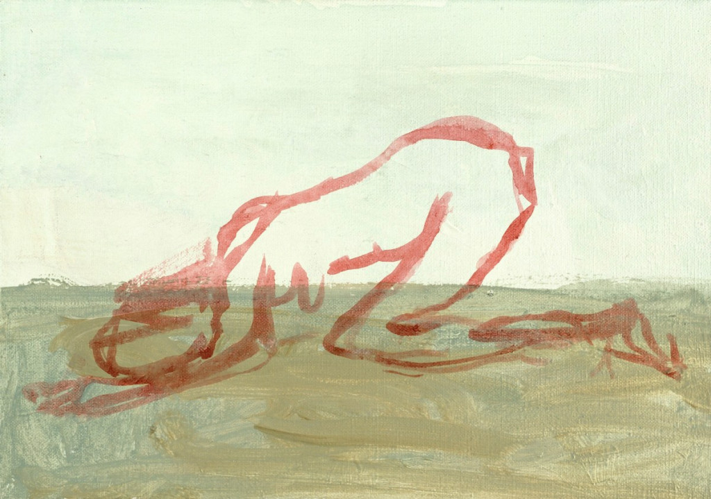 Trying to Find You I, by British artist Tracey Emin, is a small painting in acrylic of a woman on all fours rendered in red outline over a white and grey-green background.